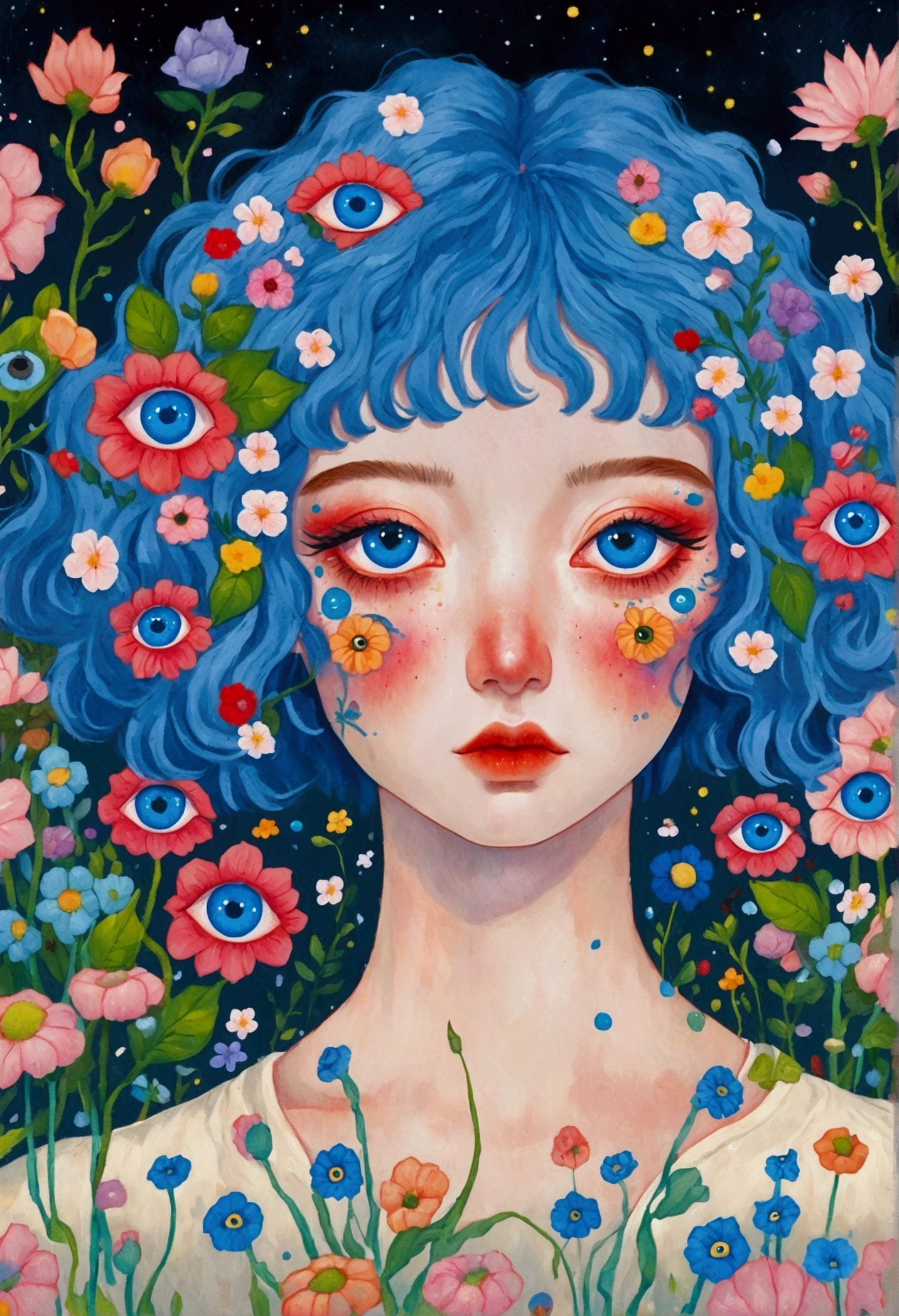 painting of a woman with blue hair and blue eyes surrounded by flowers, Pop Surrealism lowbrow art style, lowbrow Pop Surrealism, japanese Pop Surrealism, third - eye visions, starry eyes, third eye, Pop Surrealism, portrait of a mystical giant eye, psychedelic illustration, many eyes on head, mystical eyes, Pop Surrealism art style, pop - surrealism,Japanese clothing