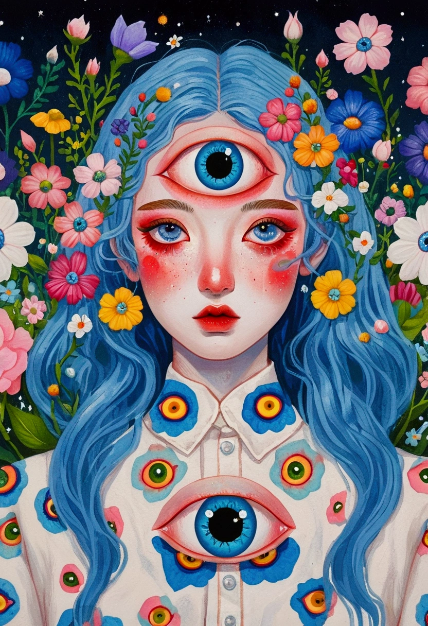 painting of a woman with blue hair and blue eyes surrounded by flowers, Pop Surrealism lowbrow art style, lowbrow Pop Surrealism, japanese Pop Surrealism, third - eye visions, starry eyes, third eye, Pop Surrealism, portrait of a mystical giant eye, psychedelic illustration, many eyes on head, mystical eyes, Pop Surrealism art style, pop - surrealism，Japanese clothing