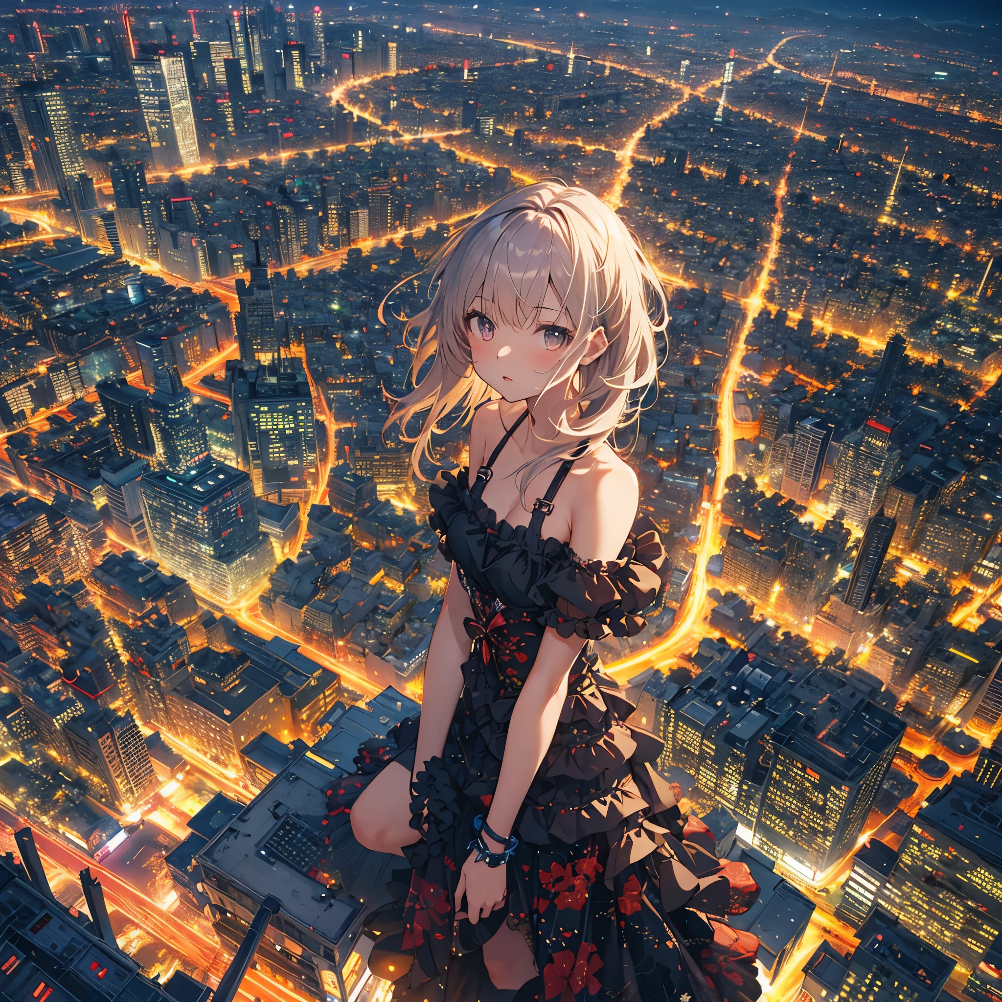 Ultra-detailed game CG, (High resolution:1.1),(Absurd:1.1), One Girl, Swimwear，, alone, Simple Anime, Night City, View the night view from the heights