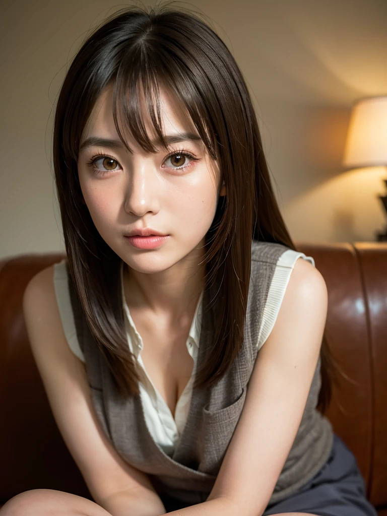 Highest quality, Face Focus, Soft Light, Ultra-high resolution, (Realistic:1.4), RAW Photos,
Japanese Idols,Japanese actress , alone, very cute and beautiful face , (pupil, Light in your eyes),  Beautiful face in every detail, (),(High resolution detail of human skin texture),
(Long Hair),
Sit on the sofa,
, Charcoal vest, skirt,
(Upper thigh)