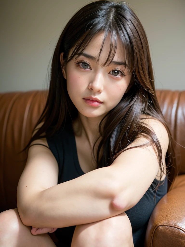 Highest quality, Face Focus, Soft Light, Ultra-high resolution, (Realistic:1.4), RAW Photos,
Japanese Idols,Japanese actress , alone, very cute and beautiful face , (pupil, Light in your eyes),  Beautiful face in every detail, (),(High resolution detail of human skin texture),
(Long Hair),
Sit on the sofa,
, Charcoal vest, skirt,
(Upper thigh)