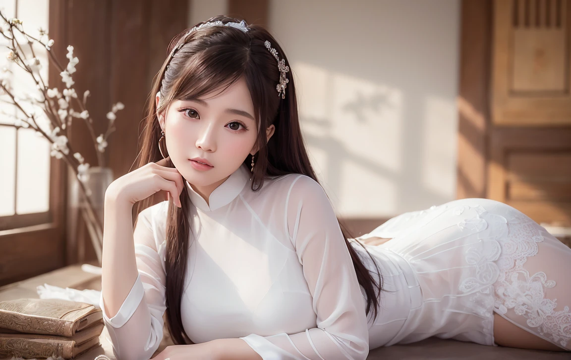 a close up of a woman in a white dress posing for a picture, a picture by Leng Mei, trending on cg society, beautiful south korean woman, ao dai, beautiful asian girl, a beautiful woman in white, korean woman, korean girl, in white clothes, beautiful young korean woman, beautiful asian woman, smooth white tight clothes suit, realism, high detail, masterpiece, accurate, textured skin, super detail, high details, award winning, best quality, 4K