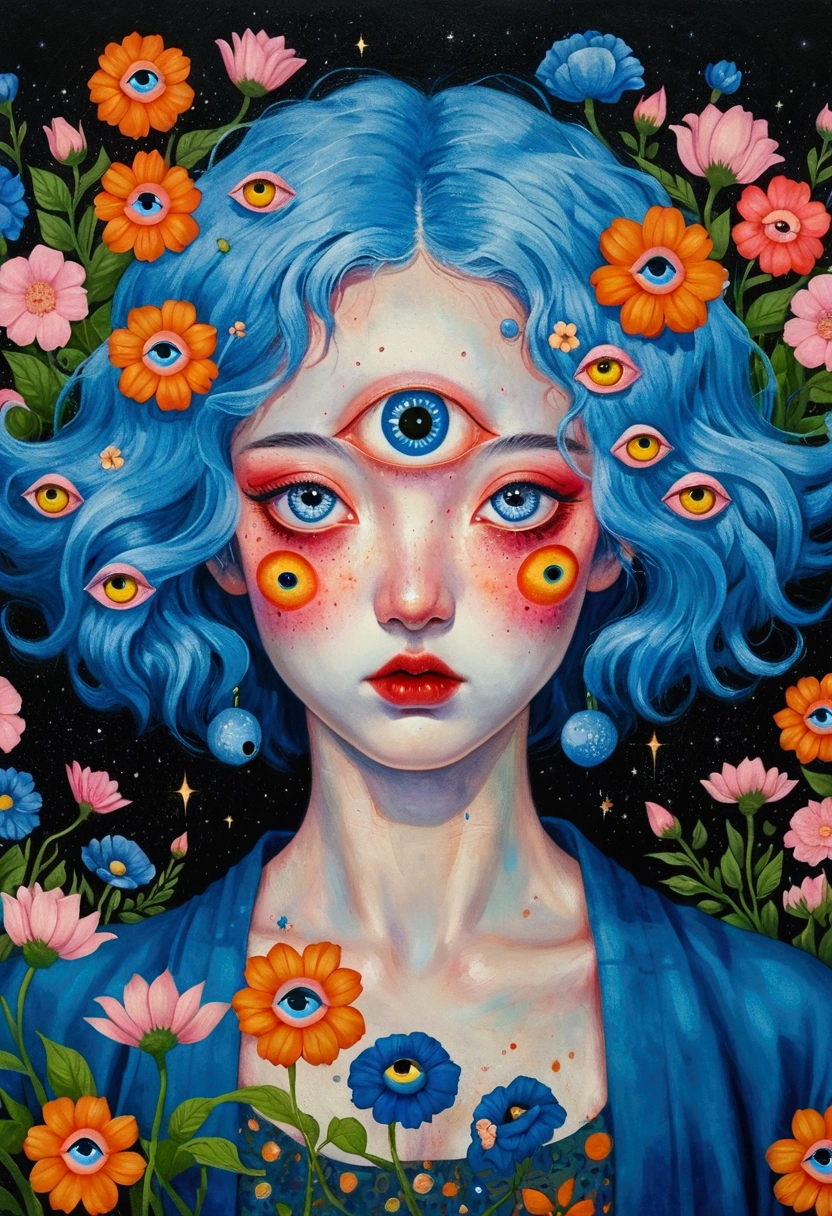painting of a woman with blue hair and blue eyes surrounded by flowers, a surrealist painting by Nándor Katona, behance contest winner, pop surrealism, pop surrealism lowbrow art style, lowbrow pop surrealism, japanese pop surrealism, third - eye visions, starry eyes, third eye, portrait of a mystical giant eye, psychedelic illustration