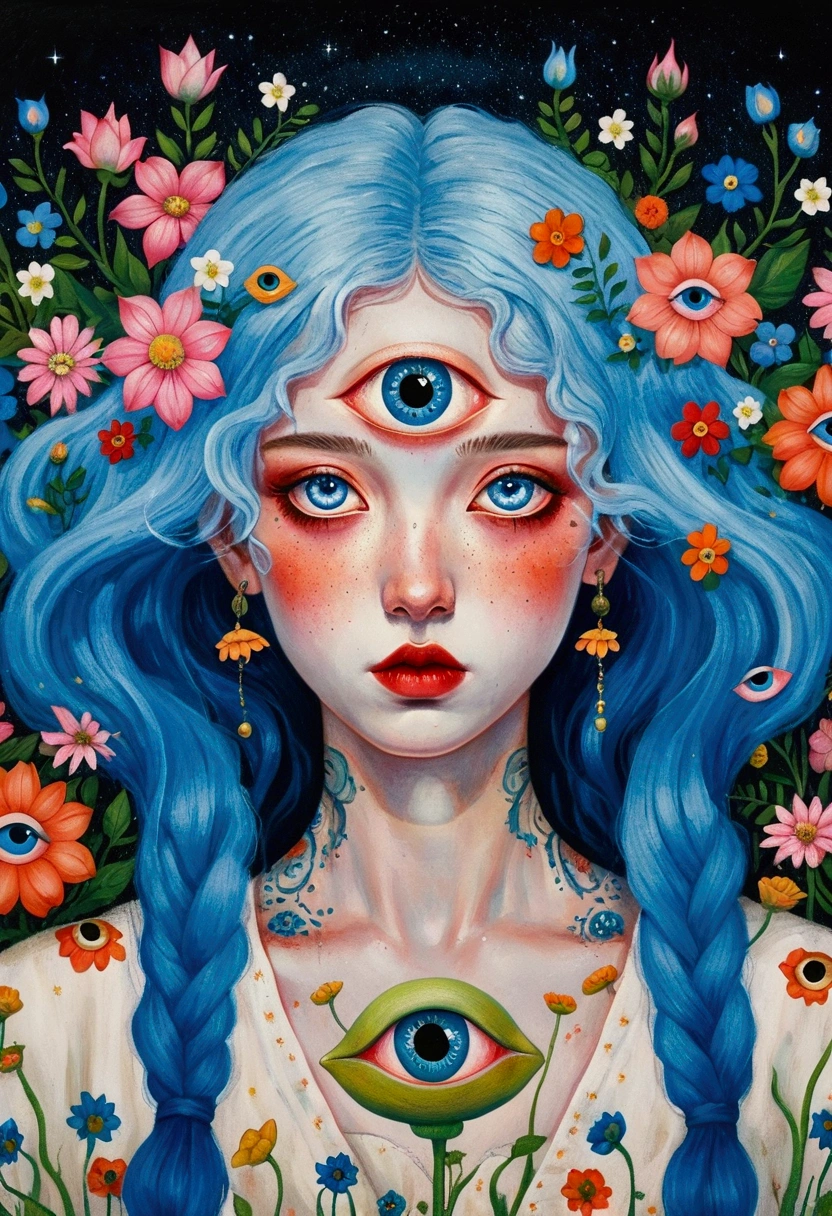 painting of a woman with blue hair and blue eyes surrounded by flowers, a surrealist painting by Nándor Katona, behance contest winner, pop surrealism, pop surrealism lowbrow art style, lowbrow pop surrealism, japanese pop surrealism, third - eye visions, starry eyes, third eye, portrait of a mystical giant eye, psychedelic illustration