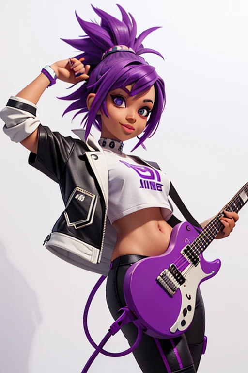 one,8k highly detailed, casual games, , 3D art style, Half body photo,White background,big eyes,cute,Model posing,mature African American woman,solid color background, purple Mohawk hair,Smile,(((White background))),((Cyberpunk clothing)),Punk clothes,cyberpunk style,Show belly,Face shot, purple Mohawk hair, with a electric guitar.