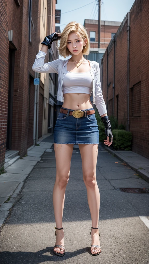Moisturized skin,Realistic body,Android,(16 years old),(Girl),Collarbone,Earrings,(Cute face),Stern expression,
BREAK,
Bright red lipstick,(Beautiful navel),(Golden hair),Beautiful hair,Short hair,
BREAK,
(Masterpiece, Top quality, High resolution, Very detailed), (Full body:1.2),Symmetrical,One shot,
BREAK,
(Wind blowing),Outdoor,
BREAK,
Assassination,,Fantastic,Dynamism,(In the middle of a war, Combat stance),(Fires everywhere, Bloody, Chaos),(Android 18),Jewelry, Denim, Belt, Vest,Black leather gloves, Necklace, Jeans,Pushing hair aside,Blue eyes, Denim skirt,