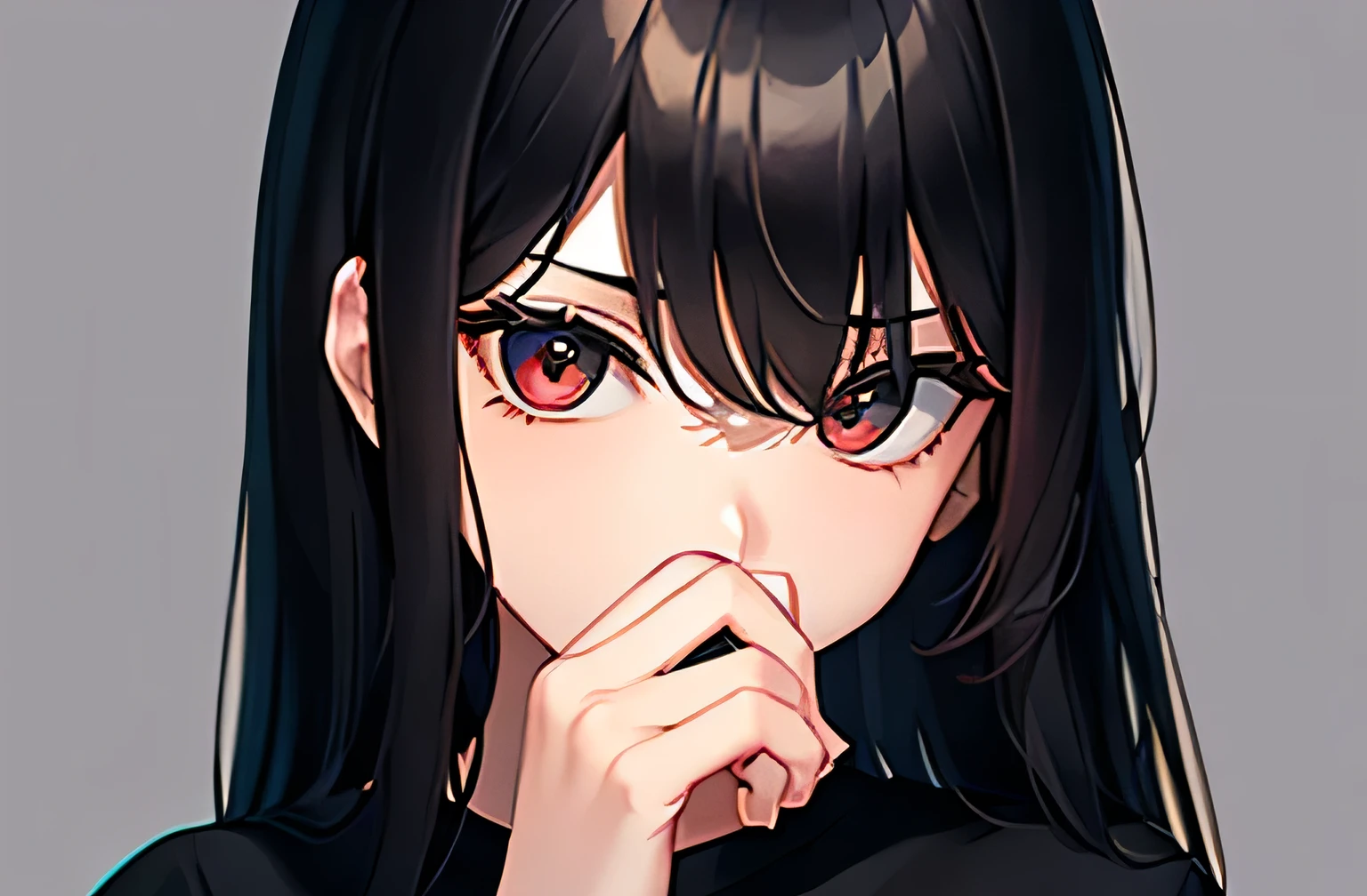 One Woman,Long black hair,The eyes are particularly high quality,He suddenly covers his mouth with his hand.,Wearing a black T-shirt,