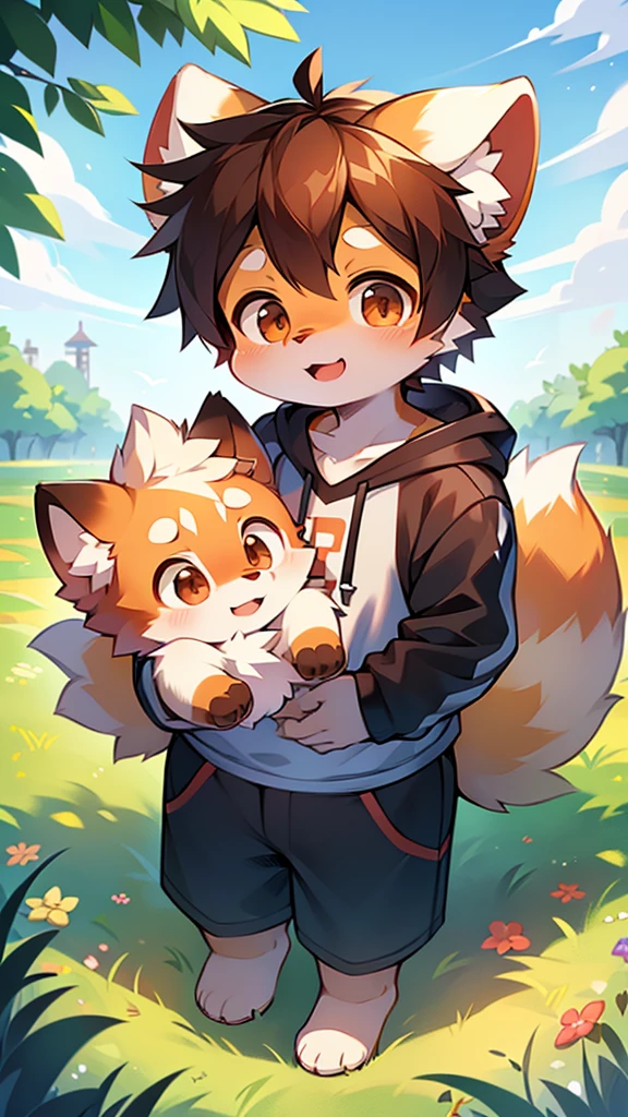 Red Panda Boy,Features of hoodie clothes,super high quality,Very detailed,High resolution,Cute art style in anime,Rice field scenery,(Cheerful teenager,13 years old:1.3),alone,single,Boy with a beautiful face