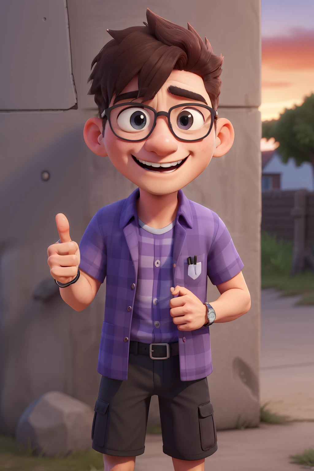 (best quality,high resolution,Extremely detailed) A 40-year-old brown-haired oriental man wearing black clothes, Wear sunglasses, . He has short hair. Against the wall.Smiling in purple shirt.Light colored blazer with blue eyes. Thumbs up with right hand. Sunset in the background.Hands in pockets on the front,Carrying a Sony single-lens camera on my chest.Wearing Nike running shoes,laughing out loud
