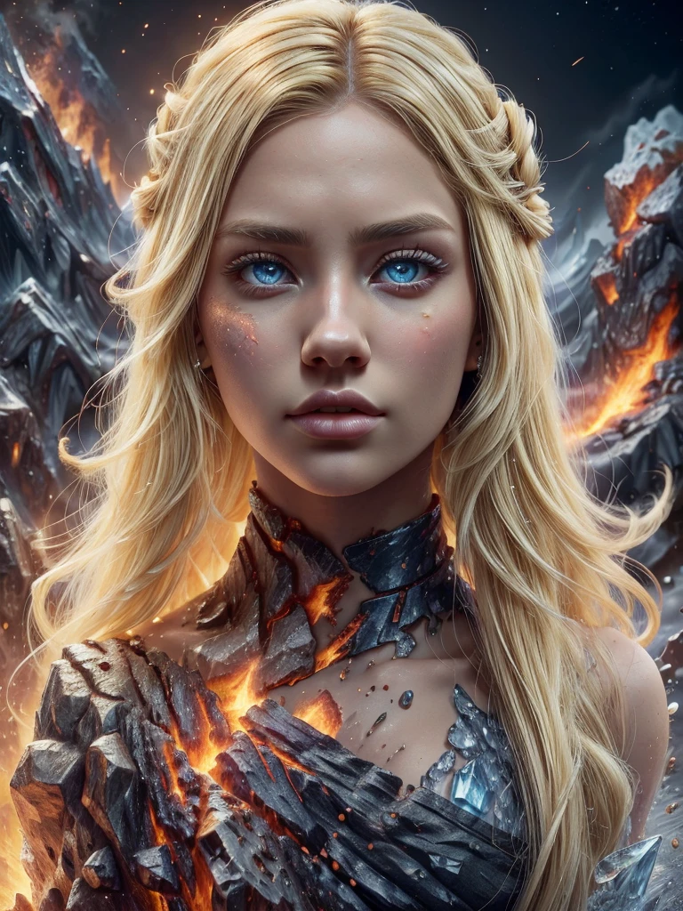 1 woman, inside an open field surrounded by fire, next to her is a huge white wolf with fire, the fire surrounds the woman and the wolf, she is naked with long blonde hair covering her nudity, detailed facial features, female blue eyes, , detailed fair skin, long blonde hair, dramatic lighting, cinematic composition, dark palette, dark colors, atmospheric haze, thin chin, thin face, thin body, soft face, thin and beautiful woman, adult woman, ultra realistic, adult woman (best quality, 4K, 8K, high resolution, art: 1.2), ultra detailed (realistic, photorealistic, photorealistic: 1.37)