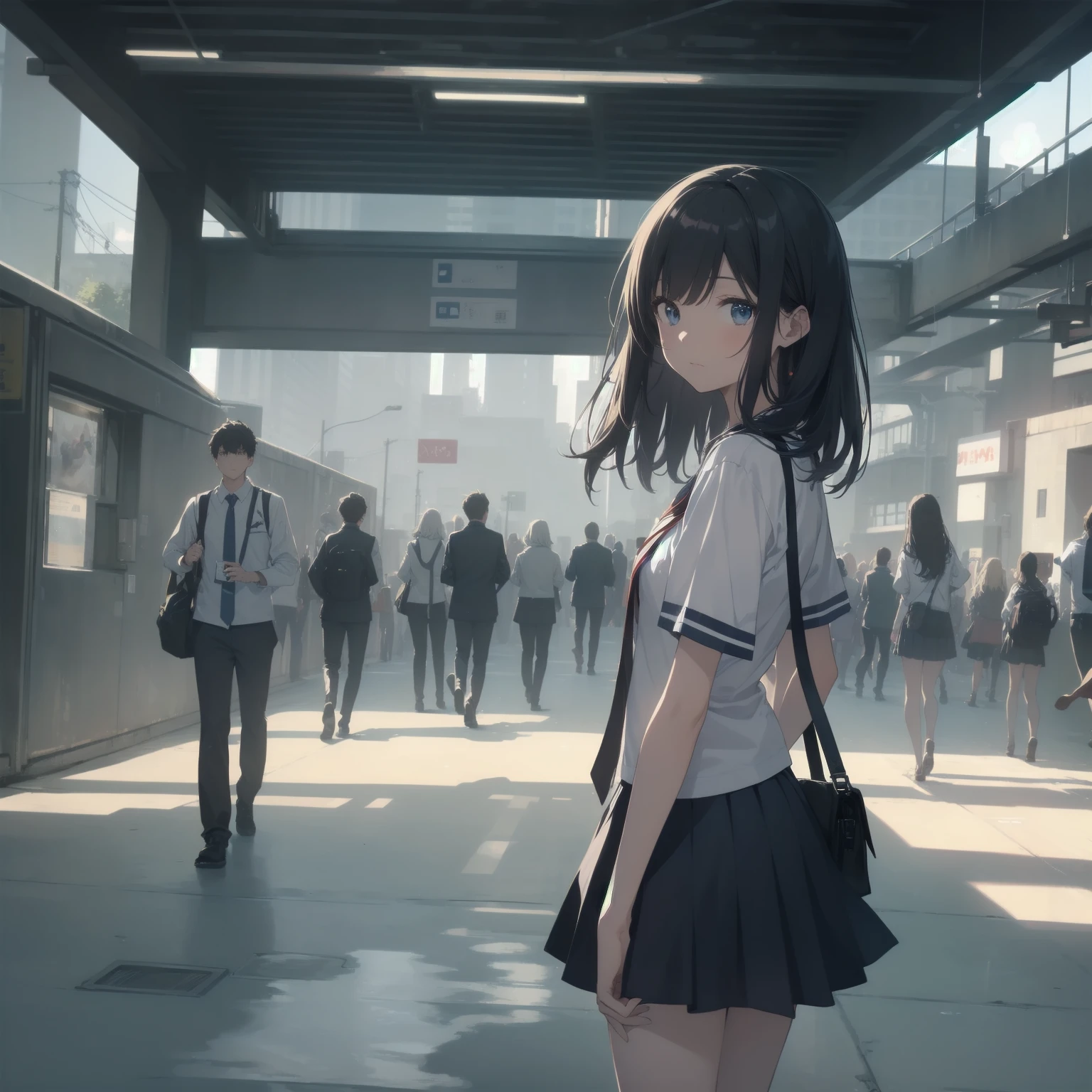 ultra-absurdres-Top quality by artist God, ultra-detailed, high resolution, anime moe artstyle, best anime 8k konachan wallpaper, pixiv contest winner, pool:2810, perfect anatomy,break, 1girl, (Please draw a girl walking sleepily to school alone. )break,(Solo,little female, 13-year-old:1.3),Full limbs, complete fingers,a junior high school student, (very short hair), short cut, flat chest, , small butt, small black eyes, beautiful detailed eyes, well-proportioned iris and pupils, expressive eyes, highres detailed hair, soft expression, salor school_uniform, sailor collar, serahuku, bow, pleated skirt,(Detailed Lighting), (Detailed background), in the School commute route. break,super detailed skin, Best cinematic lighting powered by famous artist, 8k,beauty illustration,photoshop_(medium),very aesthetic,break,((artist:nekotoufu )), artist:clamp ,artist:carnelian ,artist:kantoku ,