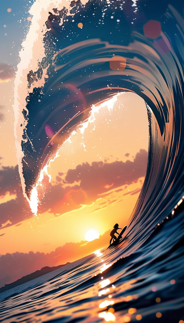 surfer girl on surfboard in the ocean at sunset, surfing, huge wave on the sunset, amazing wallpaper, at the sunset, golden hour time, sunset light, high quality wallpaper, sunset mood, warm glow, sunset time, made by dslr, bokeh, film grain, cinematic photography style
