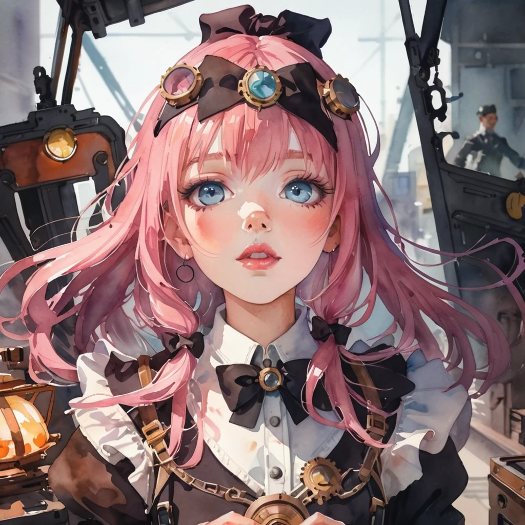 A captivating watercolor painting featuring a futuristic train station, sleek modern, architecture with transparent glass panels, a high-speed train, advanced technological elements like holographic displays and robotic assistants, a futuristic cityscape backdrop, cyberpunk passengers, masterpiece in maximum 16K resolution, superb quality. | ((More_Detail))