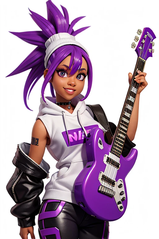 one,8k highly detailed, casual games, , 3D art style, Half body photo,White background,big eyes,cute,Model posing,mature African American woman,solid color background, purple Mohawk hair,Smile,(((White background))),((Cyberpunk clothing)),Punk clothes,cyberpunk style,Show belly,Face shot, purple Mohawk hair, with a electric guitar.