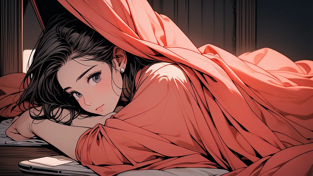 (masterpiece:1.4), (high quality, High resolution, High resolution), Realistic style, (A basic warm and vibrant color palette),Beautiful woman with a cold, Apply a cooling sheet to the forehead, Wearing warm pajamas, Huddled under the quilt in a private bed, Cold symptoms, Painful expression, (Wrapped in a blanket, She has a smartphone in her hand:1.2), (Richly illustrated、delicate)