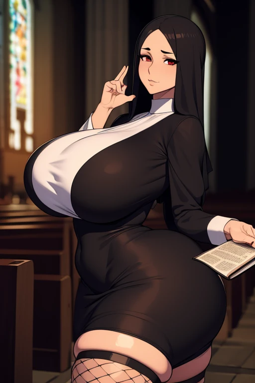 Super-detailed, 8k HD, 3d art style, 1 girl, solo, mature, tan skin, beautiful and detailed face, detailed hand, long black hair, red eye, slender hips, thick thighs, huge and droopy breast, huge round ass, expressionless, 1 piece nun dress, thigh high fishnet stocking, standing in church, holding a book, one finger over lip, be quiet pose