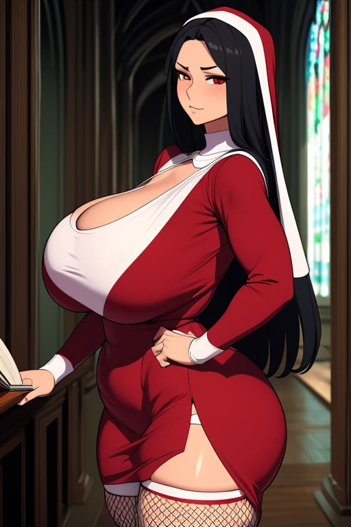 Super-detailed, 8k HD, 3d art style, 1 girl, solo, mature, tan skin, beautiful and detailed face, detailed hand, long black hair, red eye, slender hips, thick thighs, huge and droopy breast, huge round ass, expressionless, 1 piece nun dress, thigh high fishnet stocking, standing in church, holding a book, one finger over lip, be quiet pose