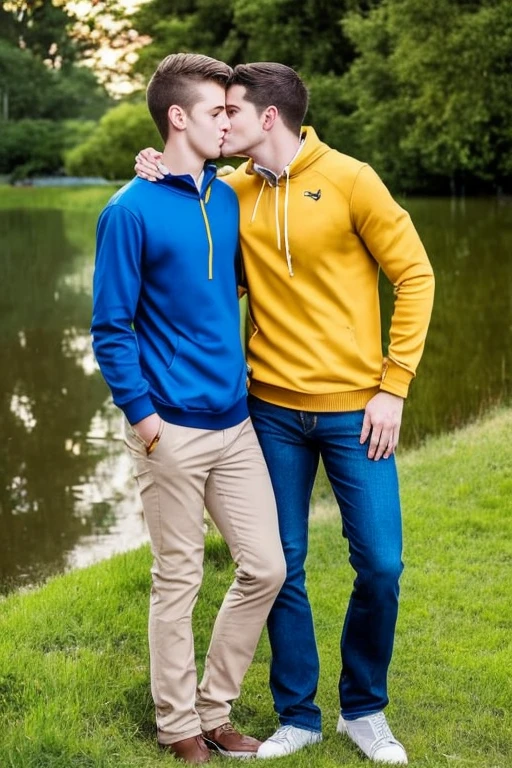 Two men, photo realistic.  A -yeld, hsome, lean man with short-cut, blond hair and blue eyes, wearing a brown sweatshirt, and khaki pants, sitting in the lap of a 17-year-o, home, letic, Caucasian man with short, shaved brown hair, and blue eyes, wearing a blue and yellow jersey, and jeans, kissing, groping each other, laying on a grassy field, by a pond in a large city park, at night.  Masculine, erotic, sexy, romantic, love, huge bulge.