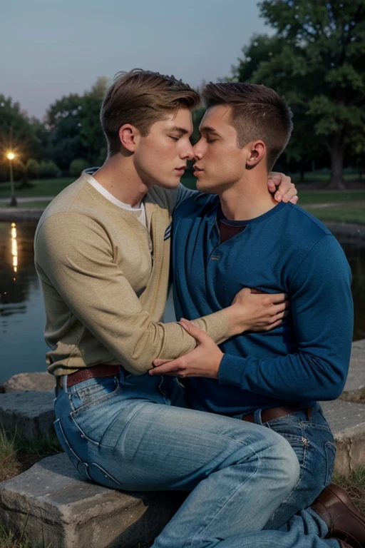 Two men, photo realistic.  A 16-year-old, handsome, lean man with short-cut, blond hair and blue eyes, wearing a brown sweatshirt, and khaki pants, sitting in the lap of a 17-year-old, handsome, athletic, Caucasian man with short, shaved brown hair, and blue eyes, wearing a blue and yellow jersey, and jeans, kissing, groping each other, laying on a grassy field, by a pond in a large city park, at night.  Masculine, erotic, sexy, romantic, love, huge bulge.