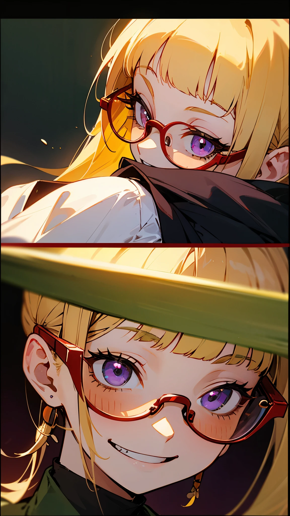1 Female、impression、(oil)、Green and orange tones、Blonde、Blunt bangs、Straight hair、Purple eyes、((Red frame glasses)):1.5、one piece、Long sleeve、Grin、From the side、Upper body close-up