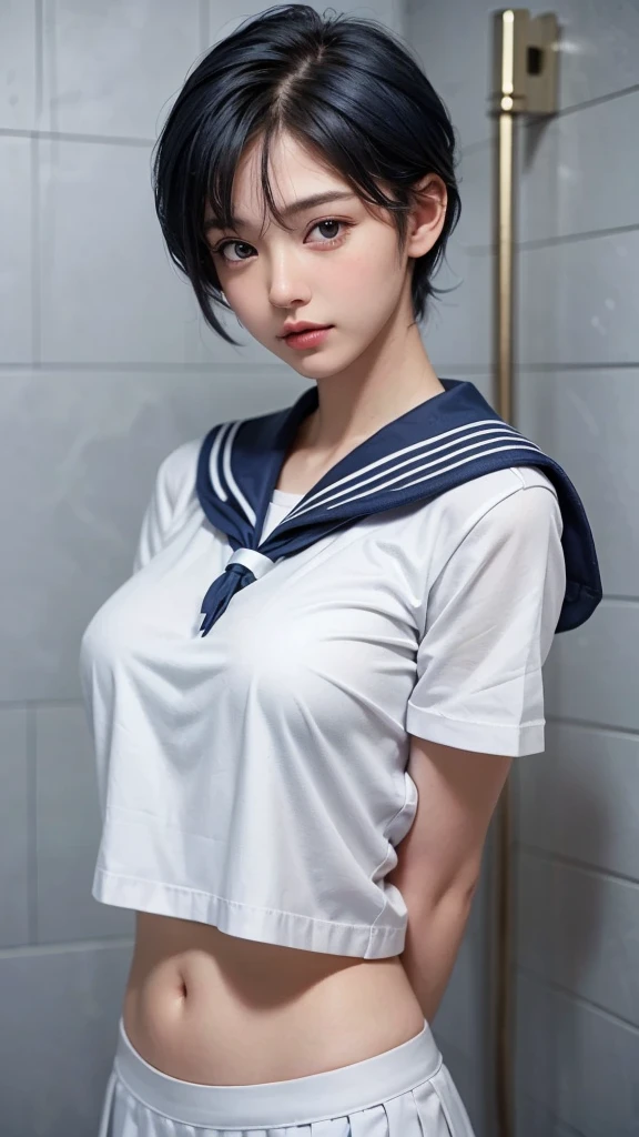 Arabian Asian woman taking a photo wearing a sailor suit, Sailor suit, Anime Girl Cosplay, Real life anime girls, Short Hair, wearing Japanese , Girl in uniform, loose coat collar Sailor suit, Japanese girl , JK Uniform, Real young gravure idol, Japanese , surreal , sakimi chan