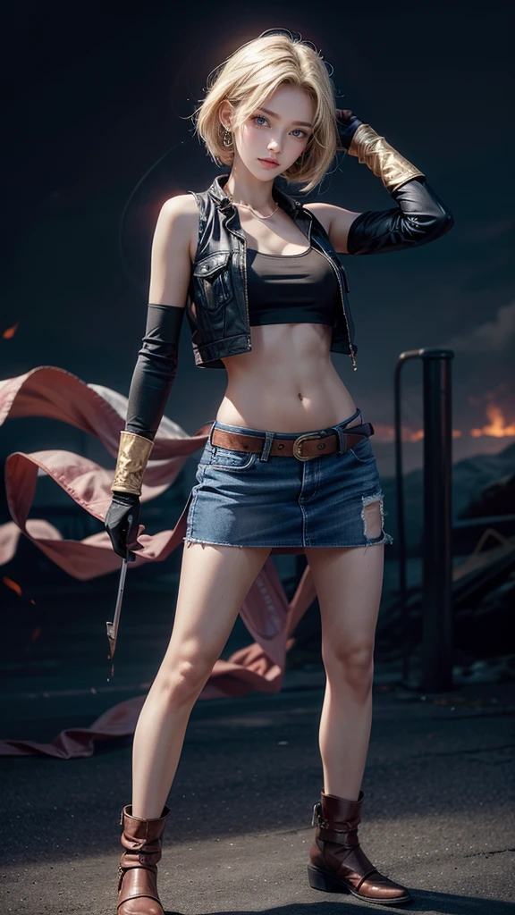 Moisturized skin,Realistic body,Android,(16 years old),(Girl),Collarbone,Earrings,(Cute face),Stern expression,
BREAK,
Bright red lipstick,(Beautiful navel),(Golden hair),Beautiful hair,Short hair,
BREAK,
(Masterpiece, Top quality, High resolution, Very detailed), (Full body:1.2),Symmetrical,One shot,
BREAK,
(Wind blowing),Outdoor,
BREAK,
Assassination,,Fantastic,Dynamism,(In the middle of a war, Combat stance),(Fires everywhere, Bloody, Chaos),(Android 18),Jewelry, Denim, Belt, Vest,Black leather gloves,Pearl necklace, Jeans,Pushing hair aside,Blue eyes,Denim skirt,