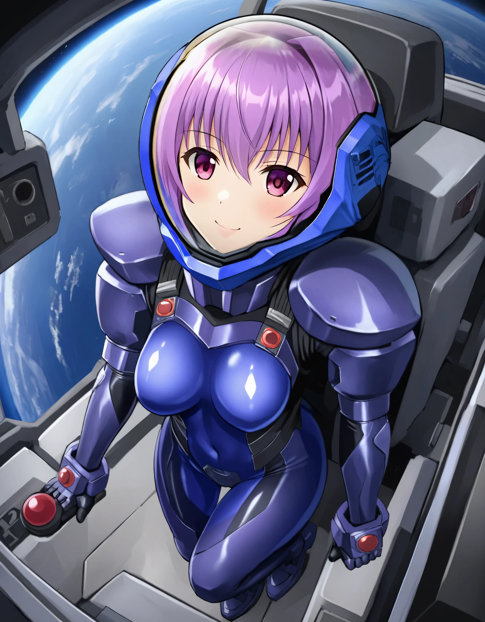 ((Female pilot in the cockpit of a reconnaissance plane), (airplane cockpit), (in flight), (10000 feet altitude)、(sky view):1.7),, short hair, street, emo, PINK hair, white eyes, eyeliner, apocalypse, girl, nside the (cockpit:1.9) of a (futuristic spaceship:1.6), , blush,sitting on a chair, covered navel, space helmet, muvluv, space helm, plug suit , space helmet, eva helm, space suit, short hair, from above, SMILE, , FULL BODY,purple hair:1.2),, blue bodysuit,, (top-quality、in 8K、32K、masterpiece、nffsw、超A high re\solution、Impresionismo、