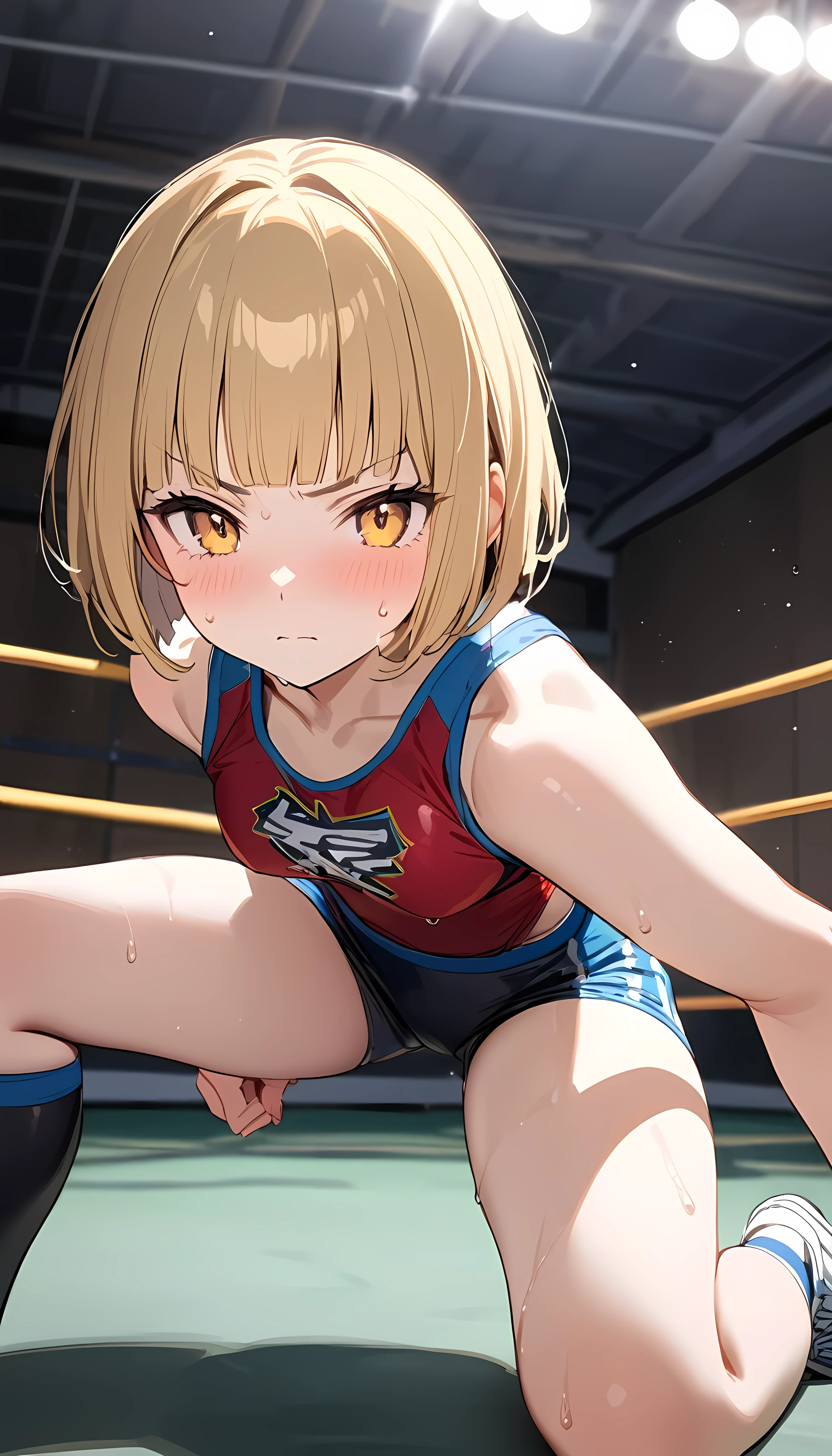(1 girl),(Best Picture Quality, 8K, Masterpiece:1.3), (:1.5), ((yellow beige lob hair:1.1)), (bob cut),(blunt bangs:1.3), (cute eyes, pupil black, iris orange, youthful face),(standard weight), (small breasts), (glistening skin:1.2),(pale skin:1.2),(serious:1.4),(sweat:1.2),BREAK,((Wrestling:1.2)),Wrestling room, ((wrestling wear:1.2)),((pov:1.3)).
