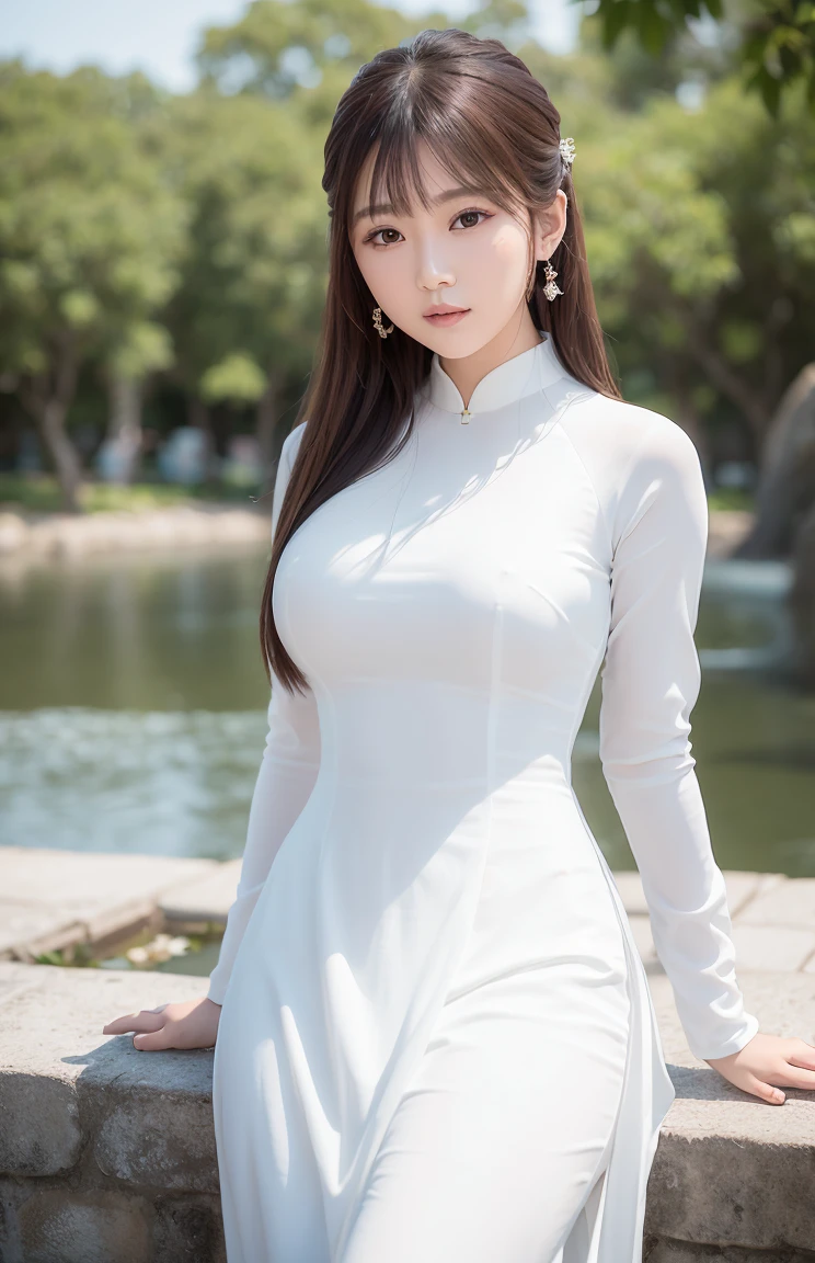 big breasts, round breasts, wearing bra inside ao dai, slim figure, beautiful figure, big breasts, ponytail, sharp 8k quality photo, ((beautiful, sharp, balanced face details) for )), ((beautiful breasts, exposed cleavage, plump body), ((beautiful sparkling eyes, sharp eye details, beautiful face)), at the beach there are many bikinis, white sand beach, sea water blue, many people at the beach((super beautiful body with high details, tight body, big bust, slim waist)), ((thin cleavage, round breasts)), (((no pants)))