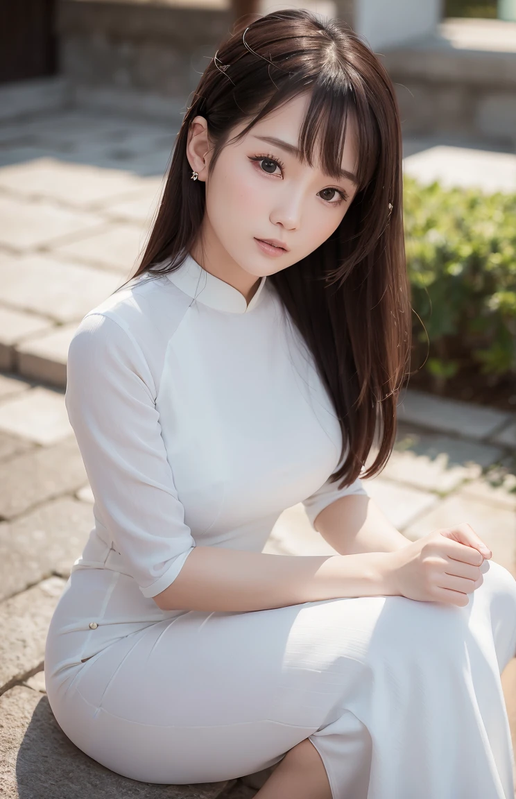 a close up of a woman in a white dress posing for a picture, a picture by Leng Mei, trending on cg society, beautiful south korean woman, ao dai, beautiful asian girl, a beautiful woman in white, korean woman, korean girl, in white clothes, beautiful young korean woman, beautiful asian woman, smooth white tight clothes suit, realism, high detail, masterpiece, accurate, textured skin, super detail, high details, award winning, best quality, 4K