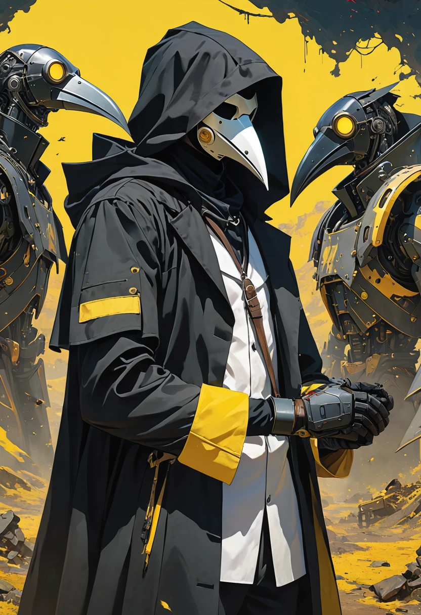 (masterpiece, best quality:1.1), (ultra highres, ultra-detailed:1.2),pop-art,flatcolor, (Boy shaking hands with (blonde nun)),in wasteland, BREAK boy,(wearing plague-doctor costume,white beak-mask),eyes glow yellow,black hood,black lab-coat, mecha arm,