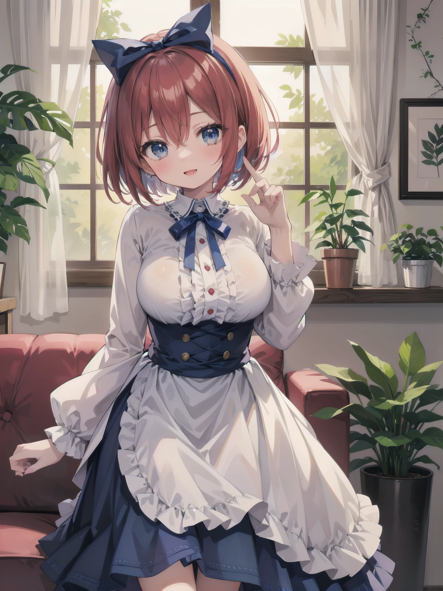 Scene Description: - Composition: Portrait. Focus on the face. Shot from the front. - Subject: Cute girl. (Chibi:1.1). Real person. - Features: - Face: (Cute round face:1.2). - Eyes: Detailed dark blue eyes. - Hair: One-leg bob-cut hair down the front with a large ribbon hairpiece, (golden hair), (red inner hair), auburn hair, hair between the eyes. - Body: Detailed slender body. Large breasts. - Clothing: Pink ruffled blouse, flares, blue ribbon tie, long ruffled sleeves, layered skirt. - Expression: happy expression. Mouth open. - Pose: head tilted back. She is looking at the viewer. - Background: living room of a trendy café. - Elements: Houseplants. Cute pastel sofa. Cute pastel curtains. Cute pastel-colored wallpaper. Time: Daytime. Lighting: (Natural light: 1.4). Art Style: Watercolor. Traditional media. Quality: Intricate details. Highly detailed. Outstanding complexity. (Masterpiece: 1.2). (Highest quality: 1.2). (Absurd absolute resolution: 1.4). Mood: Calm,