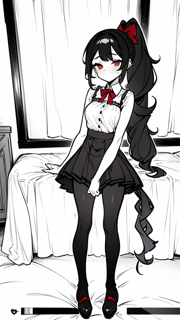 using pantimedies, wavy black hair, piercing look with deep red eyes, average stature, Silky hair with a ponytail hairstyle collected with a red bow with two white lines, with clothes, has a vagina, has breasts, cup of breasts, small breasts, slim, foreground, Session, sitting in her room, standing in his room, wearing pantyhose, using pantimedies, Picardias, short skirt, shoes, blouse with straps, blush, opening her legs making her panties visible, open legs, perfect white panty, Skirt fluttering in the wind, grabbing the skirt with both hands 
