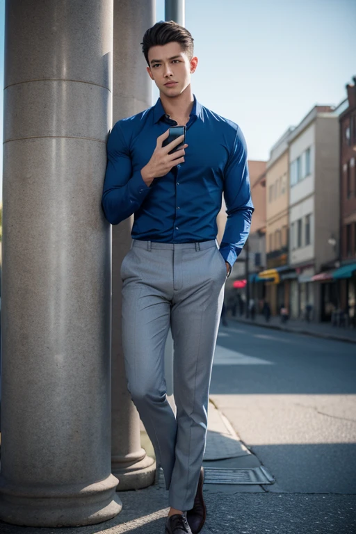 Handsome young man,Tall,short hair,A tight-fitting, long-sleeved blue shirt.,Tie, gray pants,Crotch tight pants,Standing full body,Leaning on a lamp post while playing on the phone,natural light