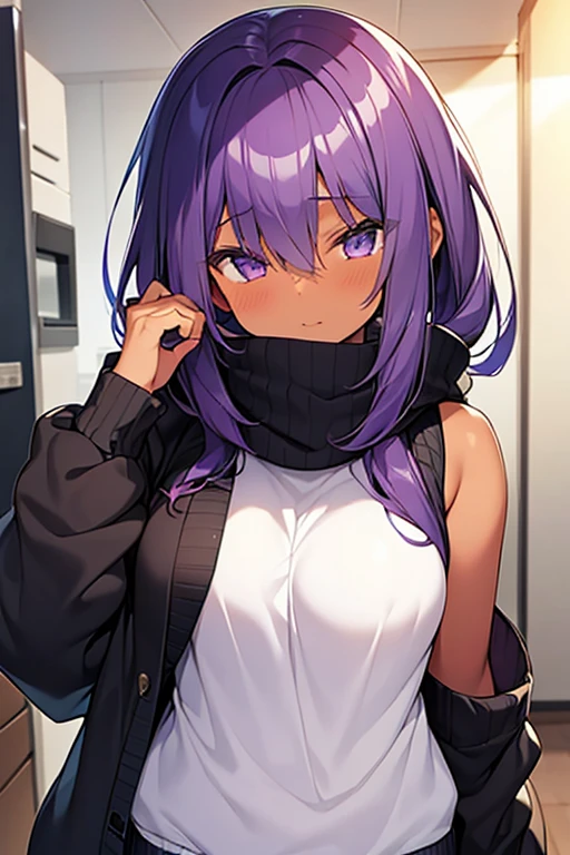 14 year old girl, dark skin, chubby, purple sleeveless sweater, purple hair covering her eyes