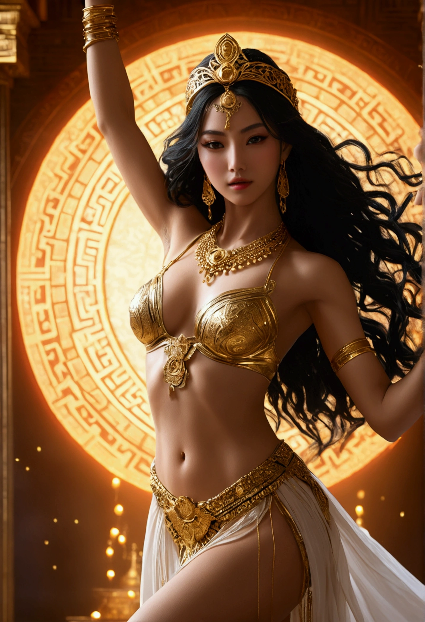 ((masterpiece, Highest quality, High resolution, Highly detailed CG integrated 8K wallpaper)), (Huge and stunning goddess shot, Very hot and sexy, Incredible beauty, Perfect Proportions, Beautiful body, Slim body beauty:1.3), BRAKE Harem Dancer, With her long black hair shaking violently, Wear a necklace or earrings, Bracelets and Bangles, Face-hiding veil, 満月を背景にdynamic dancingを披露する, Silhouette of a dancer dancing in the backlight, Stretch out your arms、Lift one leg up, Wet body, sweating, Sweat splashes, Glowing Skin, oiled body, dynamic dancing, The surroundings are enveloped in a mysterious light.,