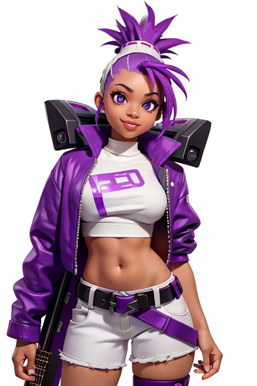 one,8k highly detailed, casual games, , 3D art style, Half body photo,White background,big eyes,cute,Model posing,mature African American woman,solid color background, purple Mohawk hair,Smile,(((White background))),((Cyberpunk clothing)),Punk clothes,cyberpunk style,Show belly,Face shot, purple Mohawk hair, with a electric guitar.