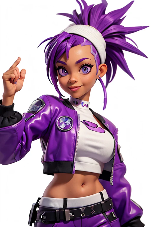 one,8k highly detailed, casual games, , 3D art style, Half body photo,White background,big eyes,cute,Model posing,mature African American woman,solid color background, purple Mohawk hair,Smile,(((White background))),((Cyberpunk clothing)),Punk clothes,cyberpunk style,Show belly,Face shot, purple Mohawk hair, with a electric guitar.