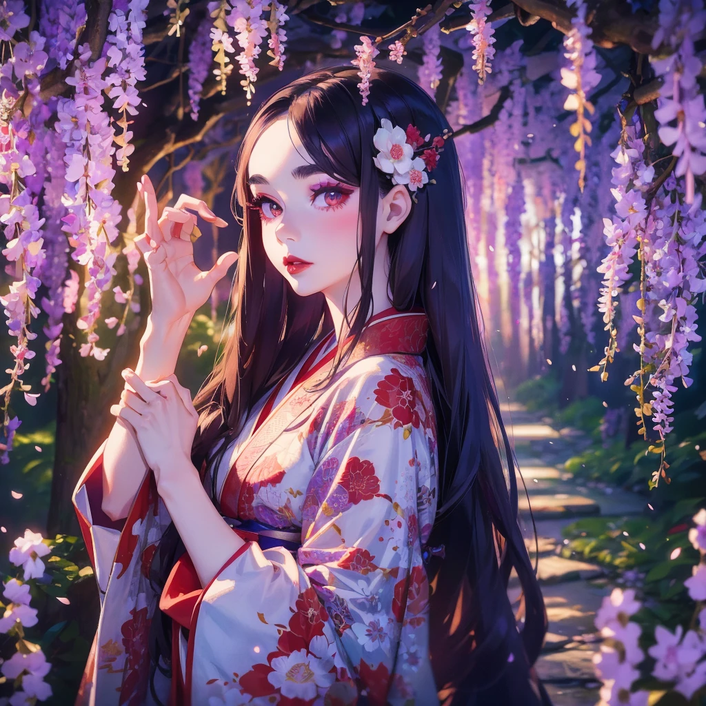 portrait of 1 beautiful geisha in the wisteria forest, dark night, wavy hair, pale skin, makeup, red lips, , kimono, hanfu, floral print, (Beautifully Aesthetic:1.2),wisteria, peace, tranquility, serenity, petals