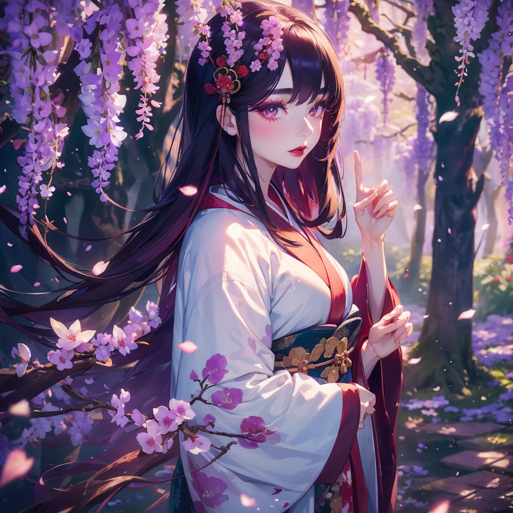 portrait of 1 beautiful geisha in the wisteria forest,  dark night, wavy hair, pale skin, makeup, red lips, , kimono, hanfu, floral print, (Beautifully Aesthetic:1.2),wisteria, peace, tranquility, serenity, petals