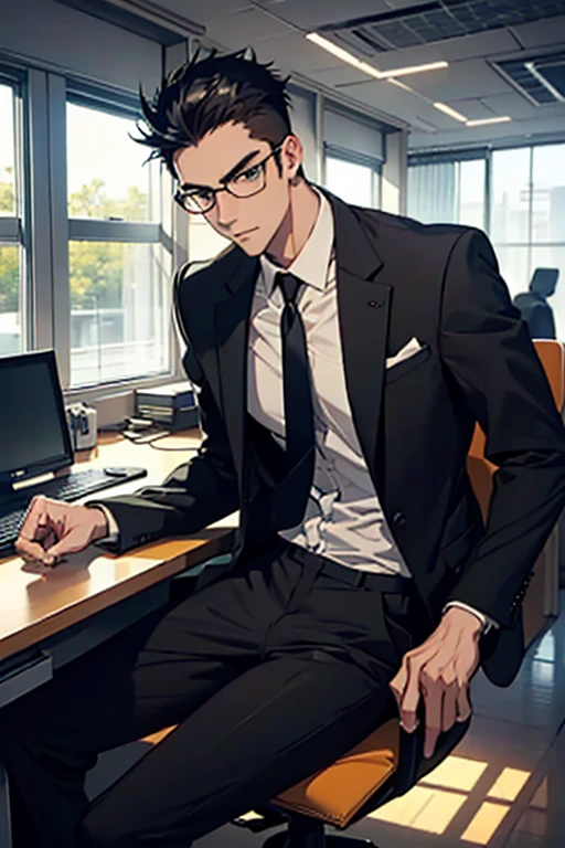 30 years old men, Very short spiked hair, A dark-haired, japanes,Black Frame Glasses,The forehead is out,Single eyelid, Stern look at work,Green suit with white shirt and tie,Lightly tempered tall body,Cross your legs and look at the computer at the office desk,Mug on desk,razor-sharp jawline, sharp gaze, Cold and mysterious character, Very handsome in 8K,Contre-Jour,Sunlight coming in through the window