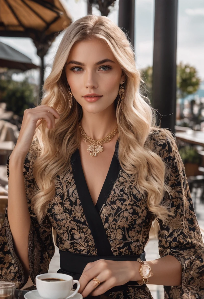 Blonde model with lush long hair, exclusive luxury clothes, fine facial features, reading fashion magazines on the terrace of a coffee shop while drinking tea. 135mm, 4K quality, different elegant luxurious outfits, different colors and patterns, elegant clothes, short sleeves, good sharpness, good natural lighting, professional poses, luxurious jewelry, luxurious bracelet, luxurious necklace, half body and full body.