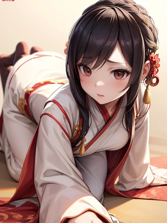 a beautiful woman in a traditional chinese hanfu dress, sitting on the ground, detailed facial features, full body, masterpiece, cinematic lighting, complex yet simple background, popart style, line art, (best quality,4k,8k,highres,masterpiece:1.2),ultra-detailed,(realistic,photorealistic,photo-realistic:1.37)