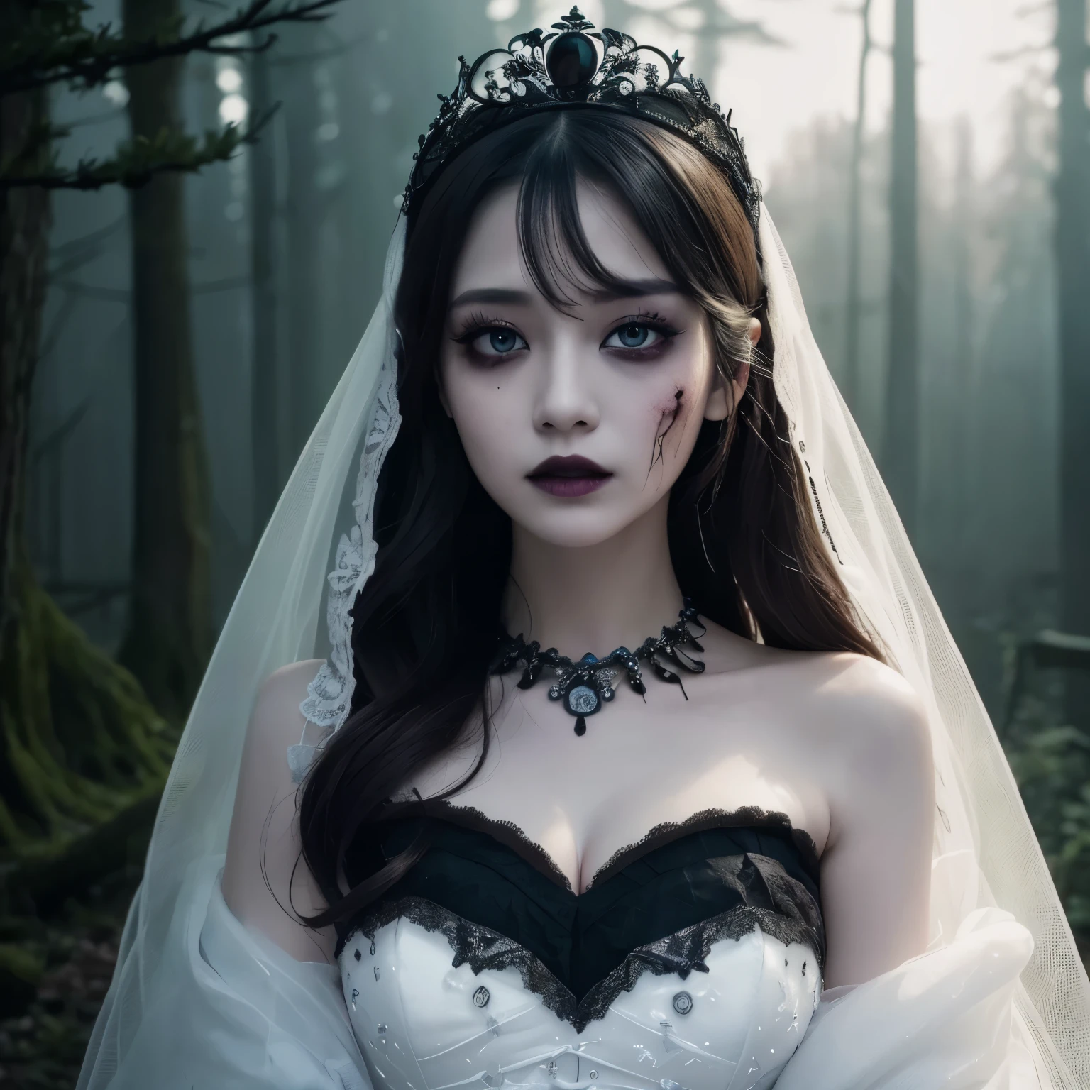 (best quality、table top、8k、Best image quality、winning photo、ultra high resolution)、It&#39;s creepy and scaryの花嫁、(Zombie Bride:1.2)、(Bloody face:1.2)、(It&#39;s creepy and scary:1.2)、(Zombie Makeup:1.3)、(Pure white and creepy skin:1.3)、black eye shadow、(There are dark circles in the eyes:1.2)、(black lips:1.2)、long hair、(The best spooky wedding dresses:1.1)、(wedding lace:1.1)、(Best creepy giant tiara:1.1)、(Supreme Spooky Necklace:1.1)、(Dark, spooky and scary forest background:1.2)、gloomy and moody tree々、eerie and dark night、dark thriller atmosphere、(eerie fog:1.1)、small cleavage、(Look at me with a sad expression:1.1)、blurred background、photo above chest、precisely anatomy、ultra high resolutionの顔、ultra high resolutionの髪、ultra high resolutionのキラキラした瞳、ultra high resolutionのblack lips、ultra high resolutionの完璧な歯、Draw a creepy face in detail