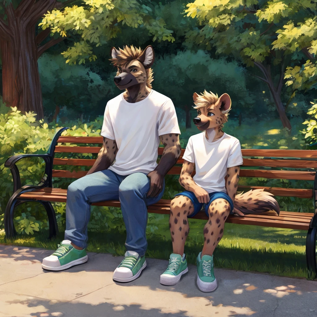 an anthropomorphic hyena in a white T-shirt, blue jeans and green sneakers sits on a bench in the park