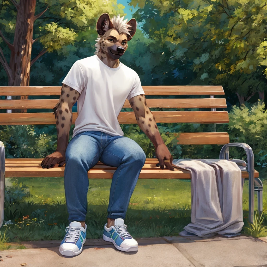 an anthropomorphic hyena in a white T-shirt, blue jeans and green sneakers sits on a bench in the park