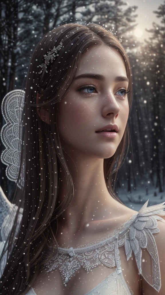 a girl in lingerie with angel wings in the snow, detailed face and body, porcelain skin, beautiful eyes, long eyelashes, soft lips, flowing hair, snow-covered landscape, moonlight, dramatic lighting, ethereal, fantasy, cinematic, intricate details, delicate, elegant, (best quality,4k,8k,highres,masterpiece:1.2),ultra-detailed,(realistic,photorealistic,photo-realistic:1.37),HDR,UHD,studio lighting,ultra-fine painting,sharp focus,physically-based rendering,extreme detail description,professional,vivid colors,bokeh