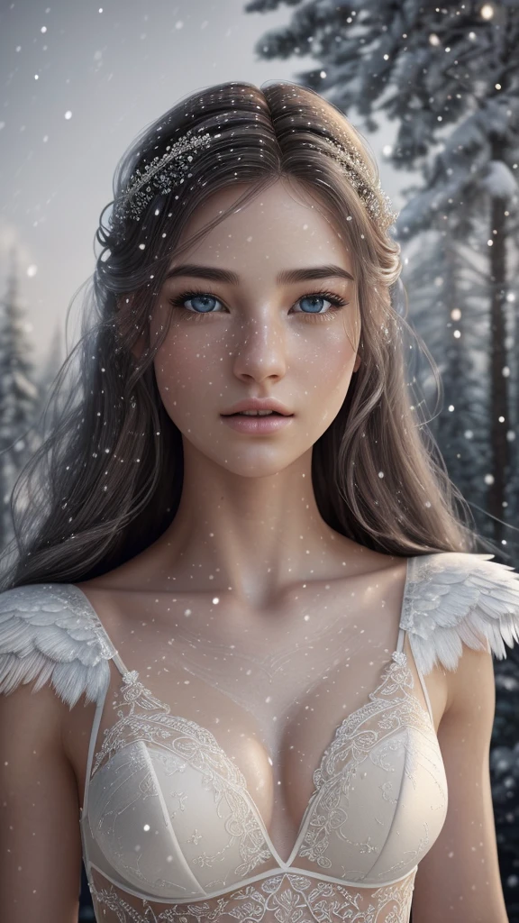 a girl in lingerie with angel wings in the snow, detailed face and body, porcelain skin, beautiful eyes, long eyelashes, soft lips, flowing hair, snow-covered landscape, moonlight, dramatic lighting, ethereal, fantasy, cinematic, intricate details, delicate, elegant, (best quality,4k,8k,highres,masterpiece:1.2),ultra-detailed,(realistic,photorealistic,photo-realistic:1.37),HDR,UHD,studio lighting,ultra-fine painting,sharp focus,physically-based rendering,extreme detail description,professional,vivid colors,bokeh