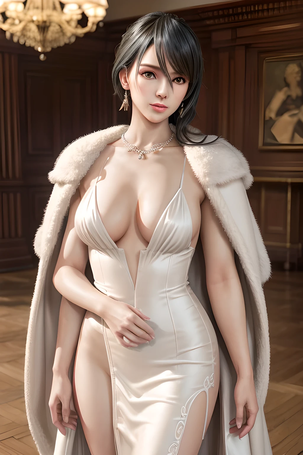 A lady with extraordinary temperament, she stands in a modern indoor space, as if she is a model from a fashion magazine. She is wearing a (pure white long fur cape), the softness and luster of which makes her look more noble under the light, and complements her (beige dress) underneath, showing her gentle temperament while maintaining a sense of fashion. The style of the dress is simple and generous, a perfect match, and it lengthens her figure, making her tall and charming. The lady's makeup is delicate and elegant, which just highlights her facial features and makes people unforgettable at first sight. Although the earrings and necklace she wears are not ostentatious, they add a bit of sophistication and nobility to her overall look. Her hair is casually draped over her shoulders, and every strand of hair exudes a natural luster,, (best quality,8k,highres,masterpiece:1.2),ultra-detailed,(realistic,photorealistic,photo-realistic:1.37),studio lighting,ultra-fine painting,sharp focus,physically-based rendering,extreme detail description,professional,vivid colors