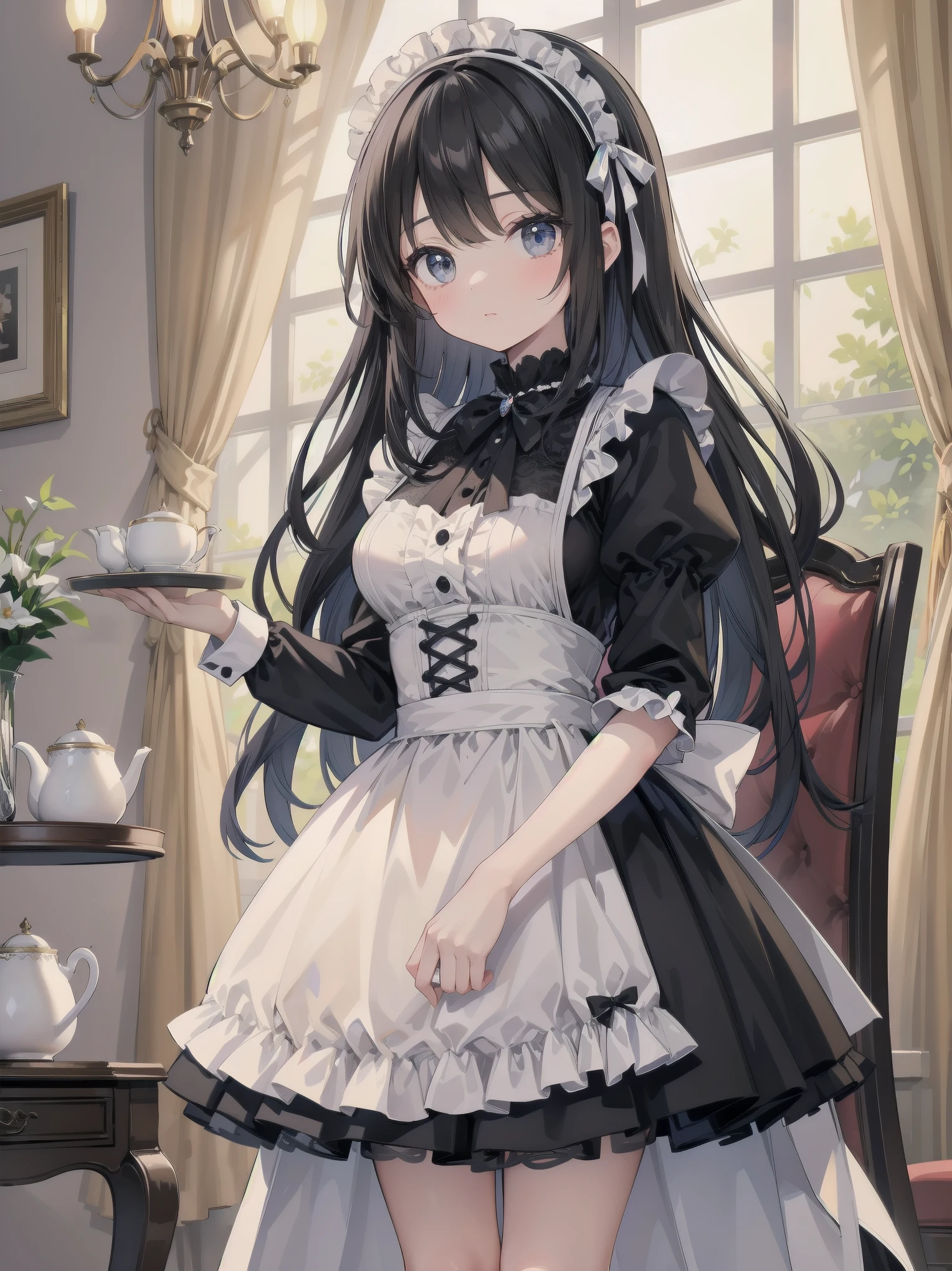 Illustration of a beautiful girl in a cute pose,(Masterpiece: 1.2), (Best quality: 1.2), A cute girl with long black hair, dressed in a classic black and white maid outfit with frilly lace and a matching headband, is standing in a beautifully decorated Victorian-style parlor. She is holding a silver tray with a teapot and teacup, her expression a mix of professionalism and warmth. The background includes ornate furniture, a chandelier, and large windows with heavy drapes, all bathed in soft afternoon light. This illustration emphasizes the elegant and welcoming atmosphere of a high-class tea service